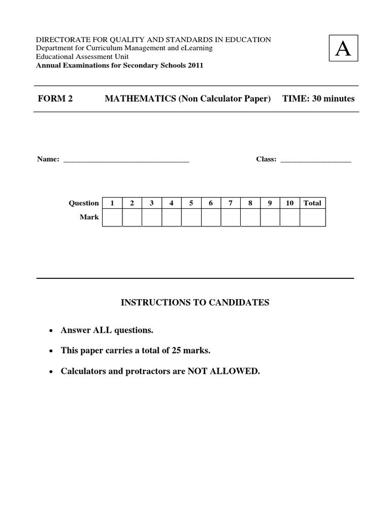 Form 2 Mathematics Exam Paper 2011 | PDF | Teaching Methods & Materials ...