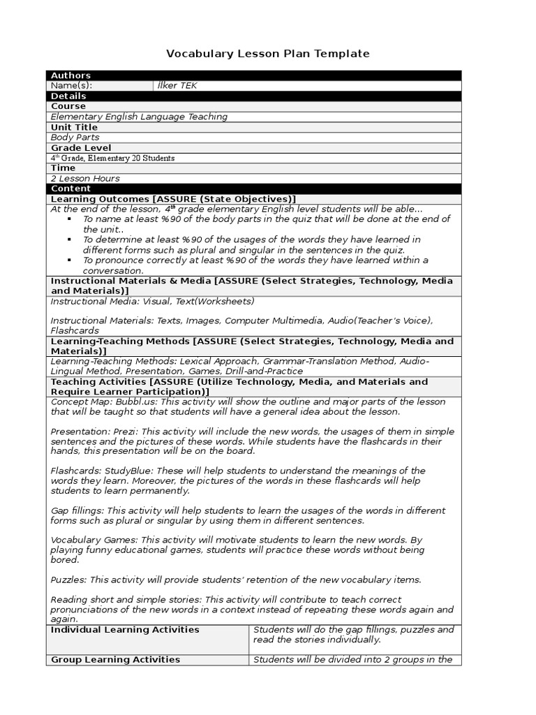 Vobulary Lesson Plan  PDF  Lesson Plan  Vocabulary