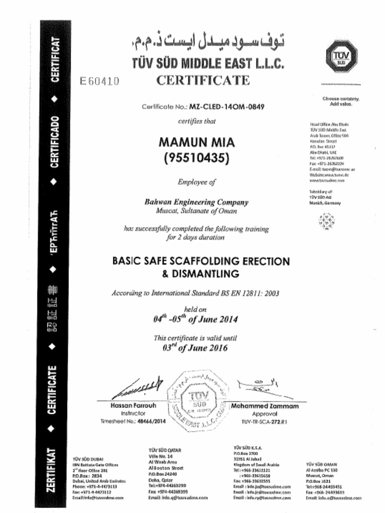 Scaffolding Trainees Certificate | PDF