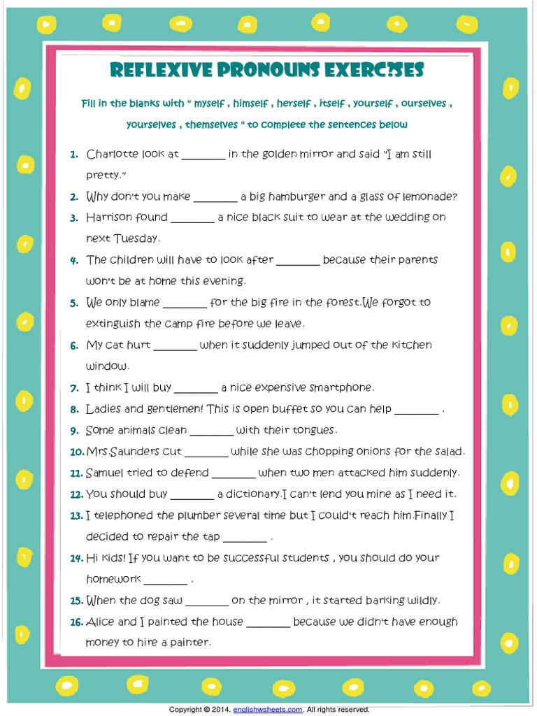 Reflexive Noun Worksheets