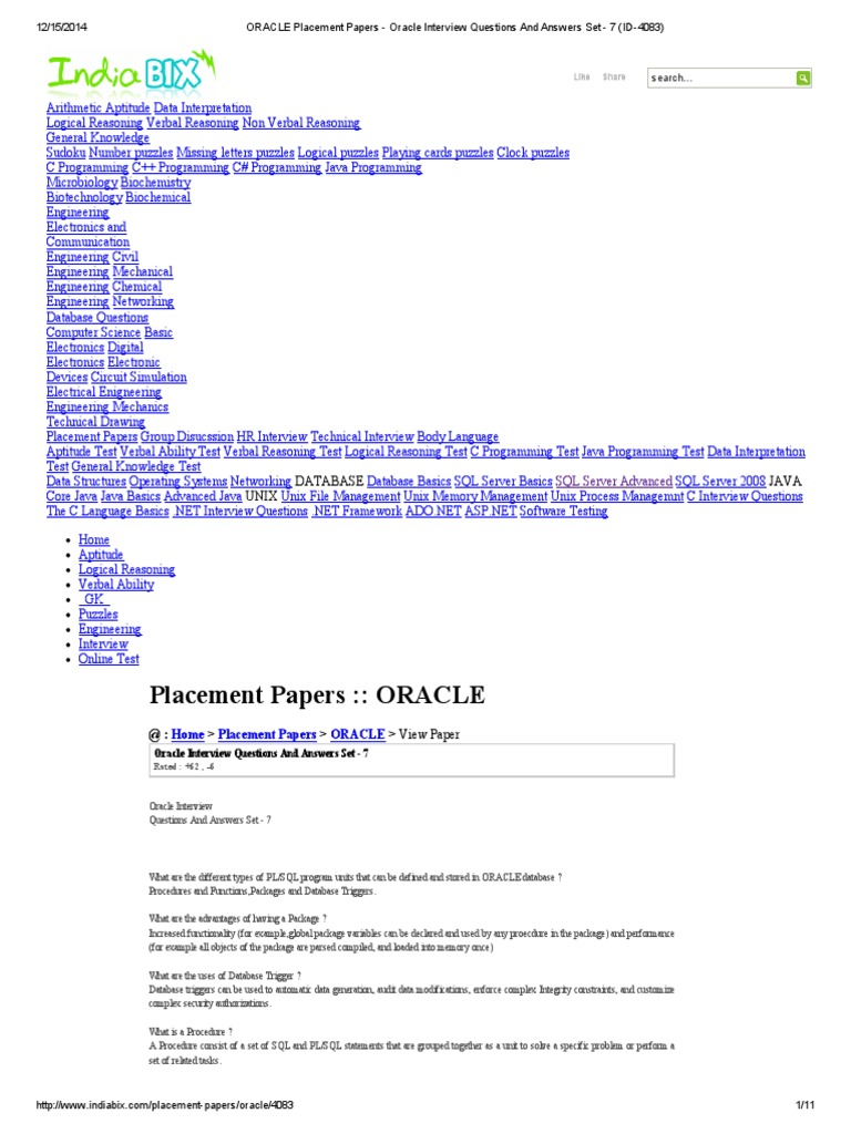 ORACLE Placement Papers Oracle Interview Questions And Answers Set 7 ID 4083 Pl Sql