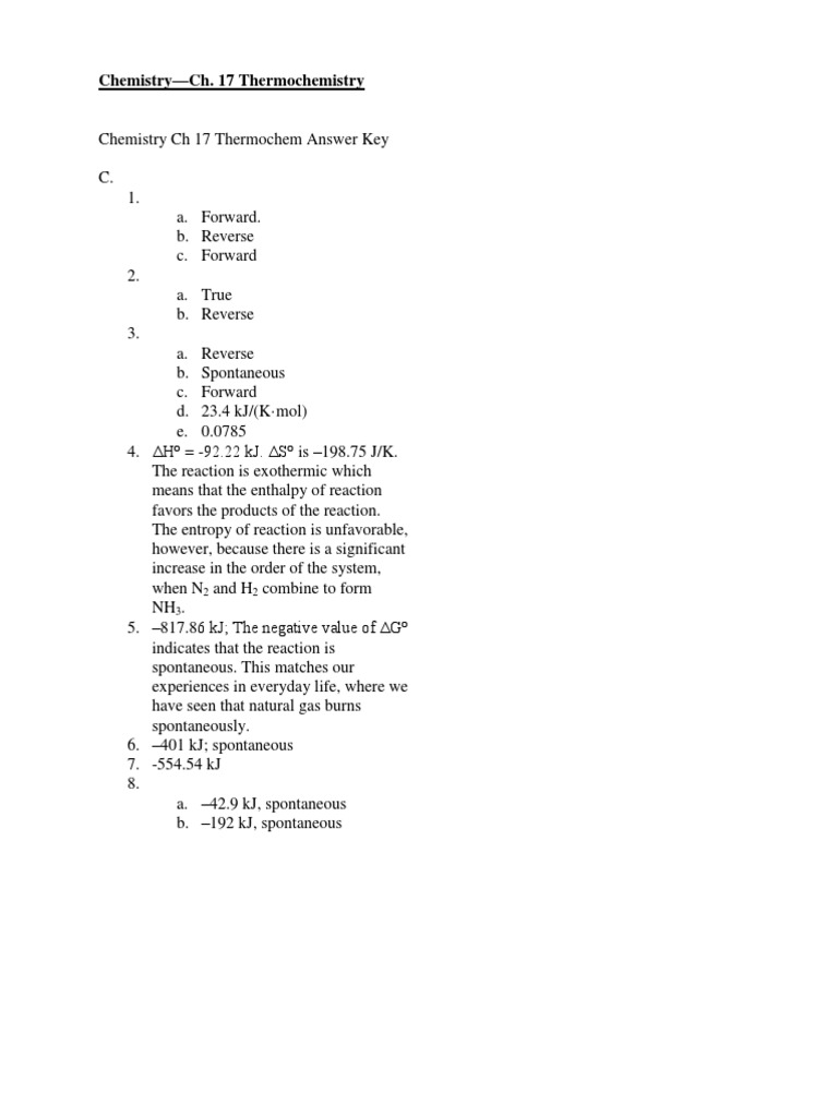 Thermochemistry Chapter 17 Answer Key | PDF | Chemical Reactions | Unit ...