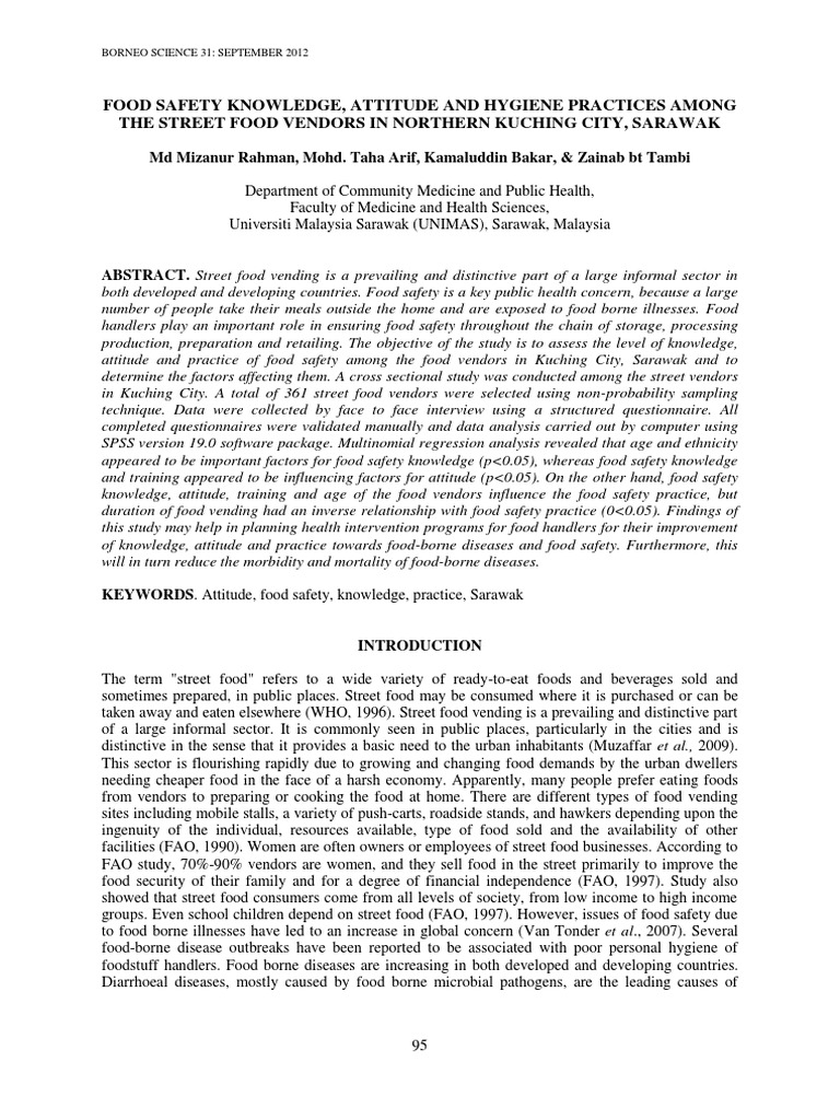 Food Safety Knowledge Attitude And Hygiene Practices Among The Street