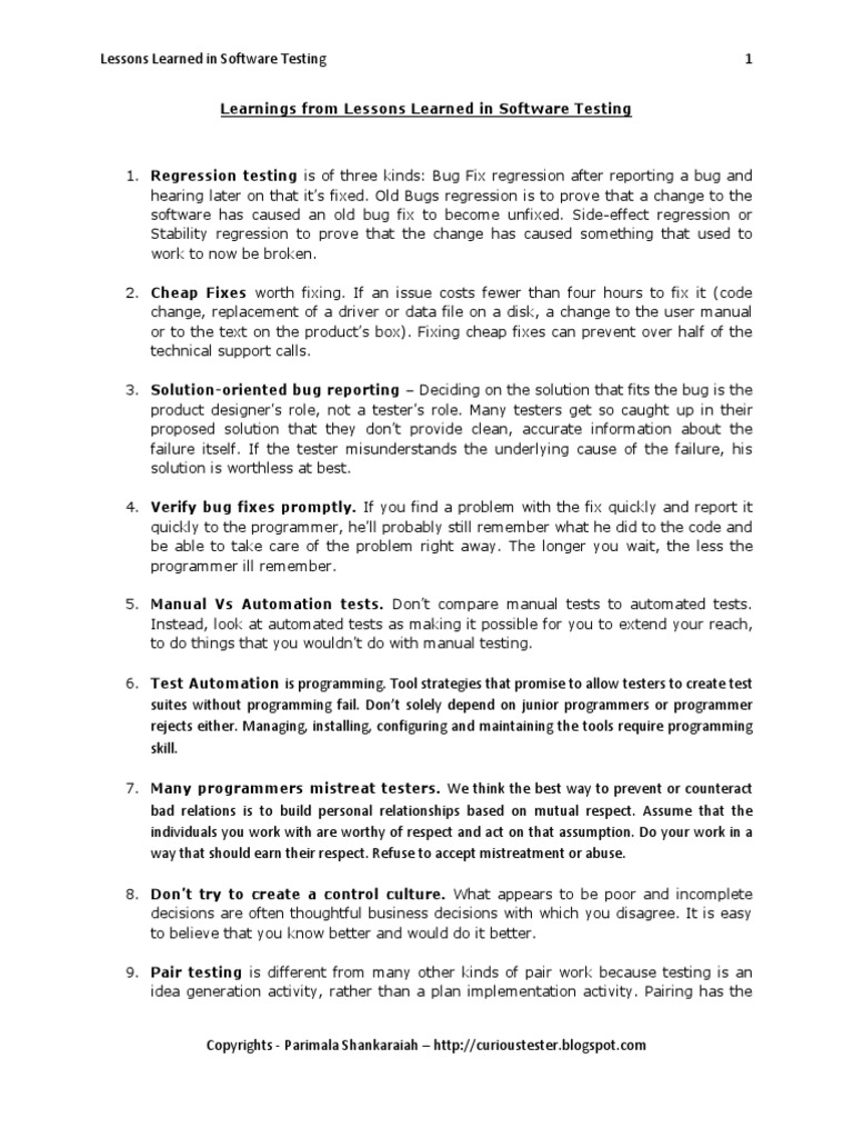 Lessons Learned in Software Testing - 13th Jan 2010 | PDF | Software ...
