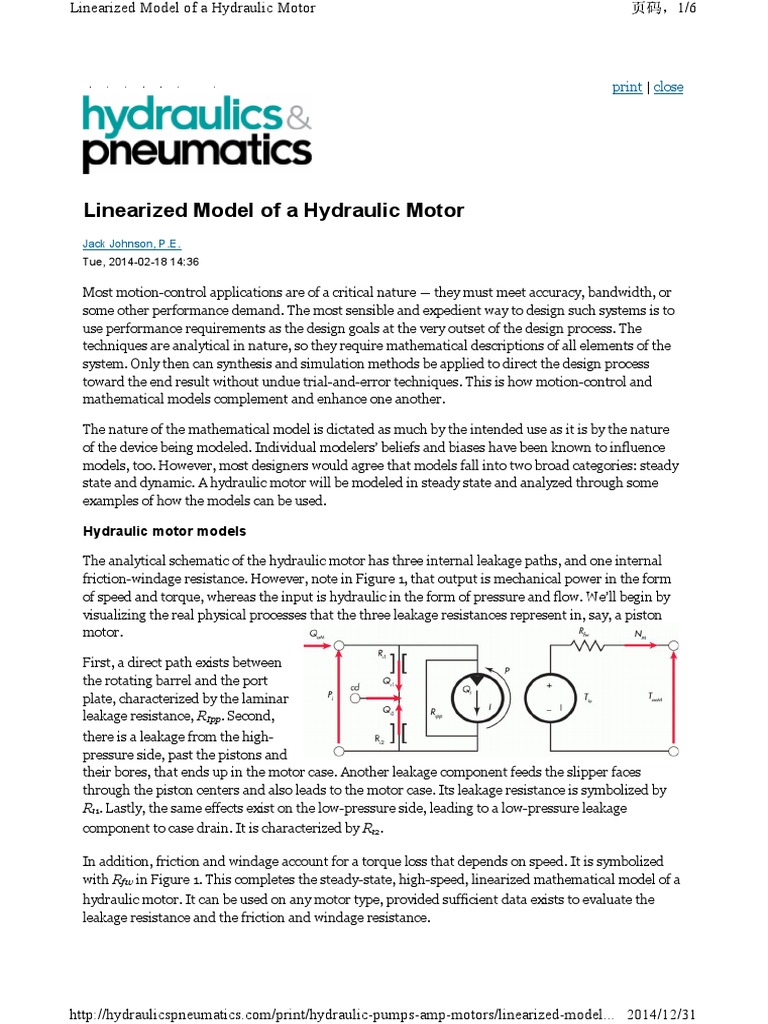 Linearized Mathematical Modeling of a Hydraulic Motor to Analyze