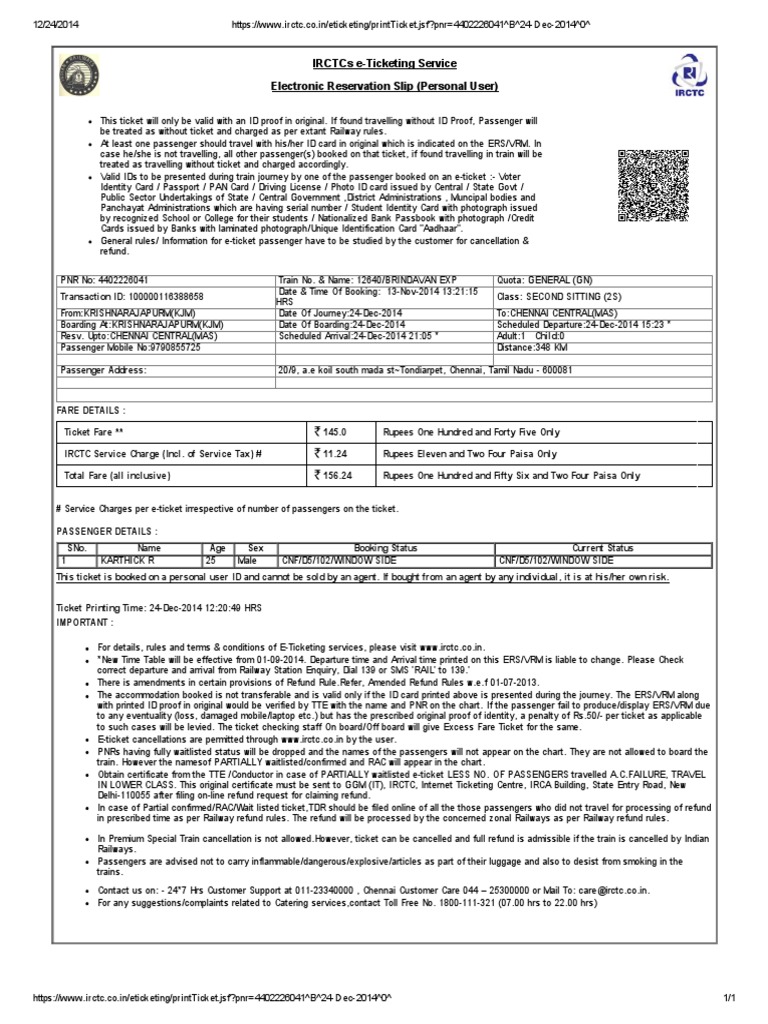 IRCTC e-Ticketing Confirmation Slip | PDF | Identity Document | Ticket ...