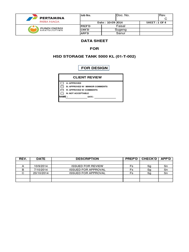 Data Sheet FOR HSD STORAGE TANK 5000 KL (01T002) Client Review