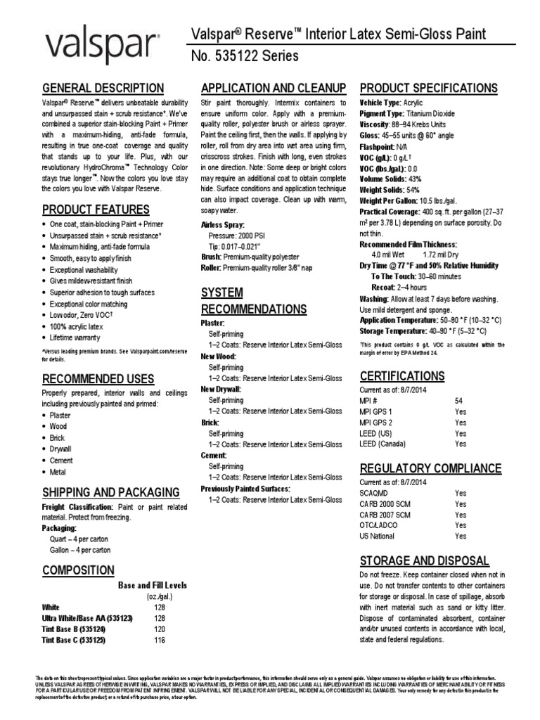 Valspar Reserve Interior Latex SemiGloss Paint No. 535122 Series PDF