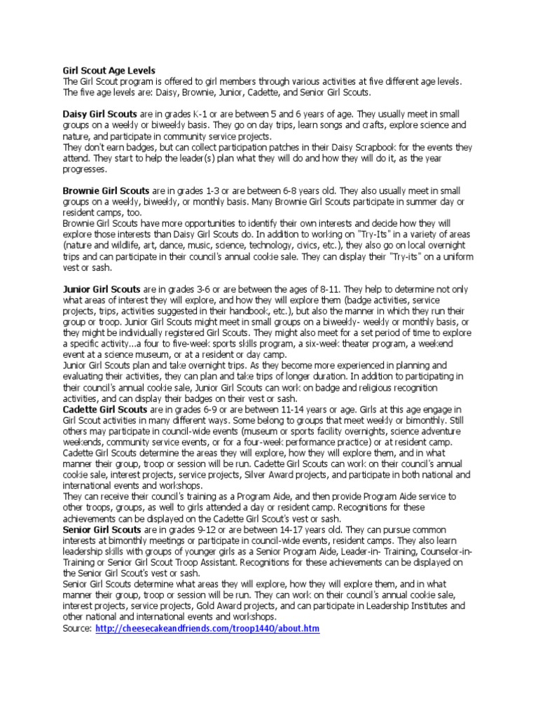 Girl Scout Age Levels PDF Scouting Organizations Of Children