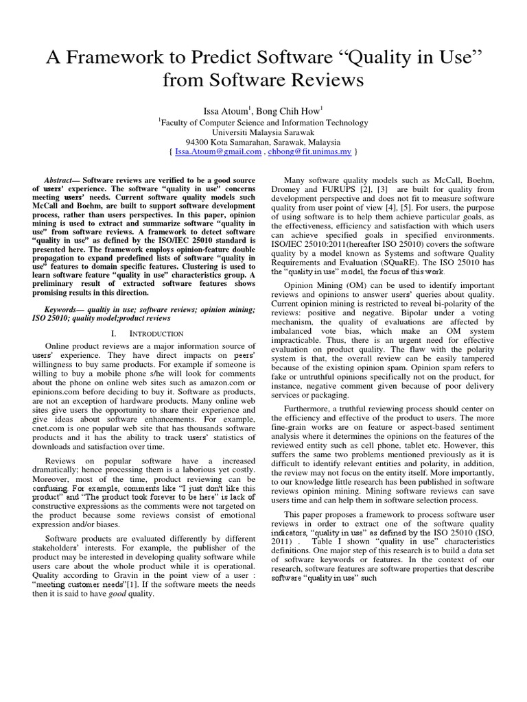 A framework to predict software quality in use from software reviews