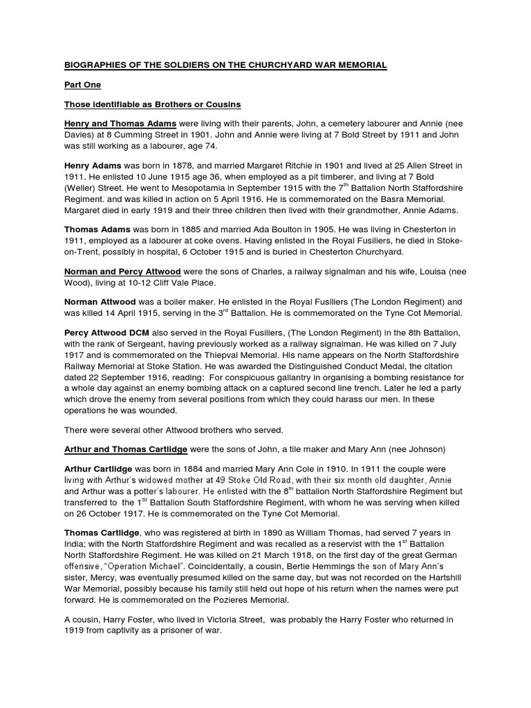 Soldiers' Biographies from Hartshill Memorial | PDF | Stoke On Trent ...