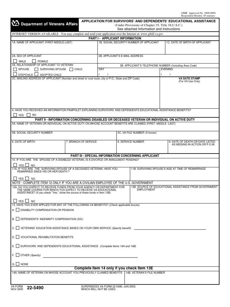 VA Form 22-5490, Application For Survivors' and Dependents Educational ...