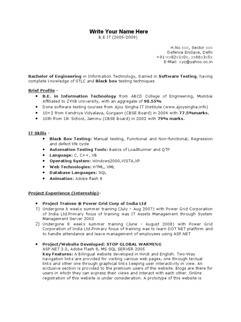 resume format for manual testing fresher