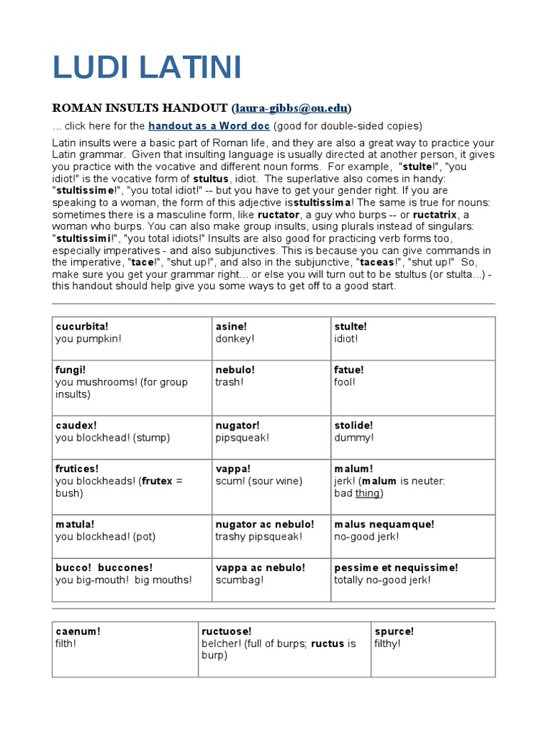 Ludi Latini: Roman Insults Handout | PDF | Linguistic Typology | Style ...