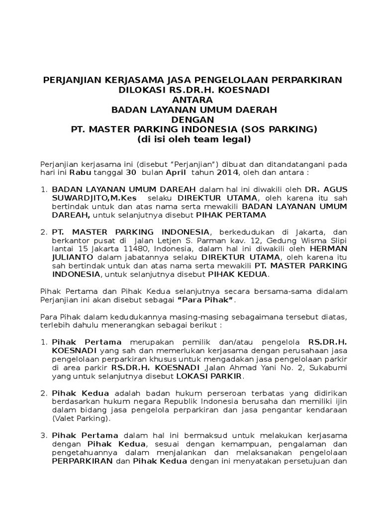 Draft Pks Rs Dr H Koesnadi Bondowoso Contoh surat perintah kerja parkir SURAT PERINTAH KERJA Yang bertanda tangan dibawah ini.