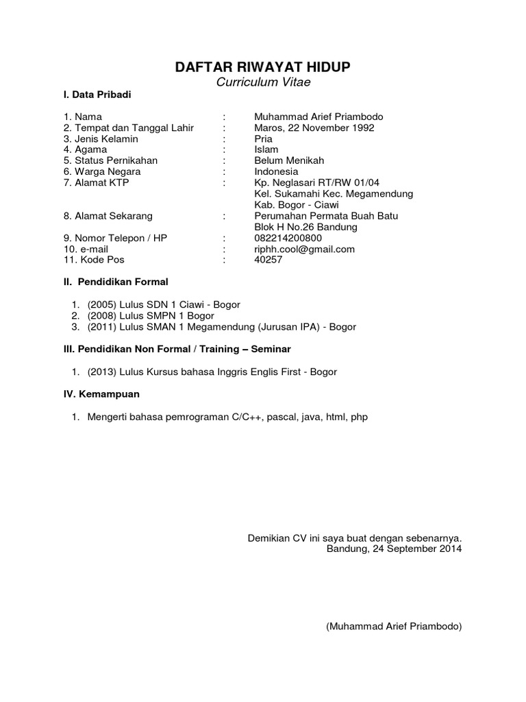 Daftar Riwayat Hidup Cv