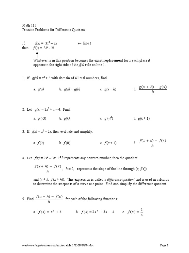 Differnce Quotients Worksheet Slope Calculus