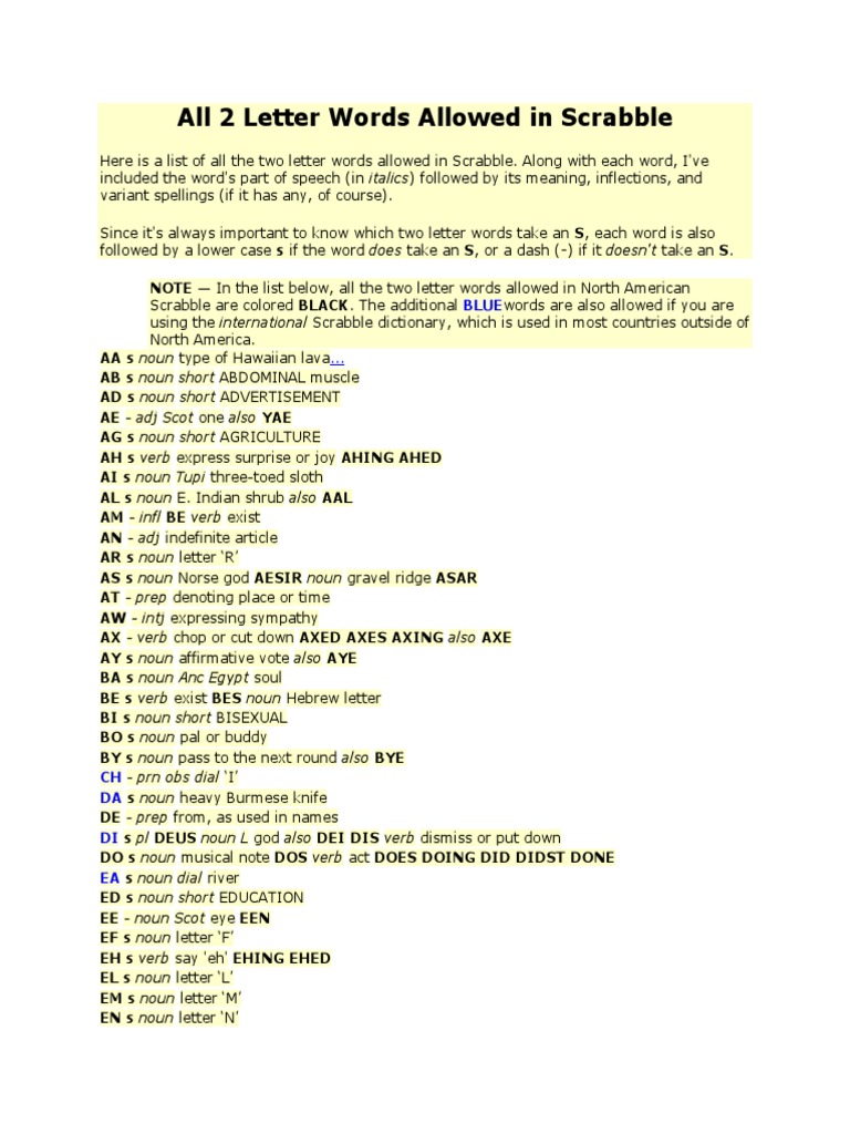 All 2 Letter Words Allowed in Scrabble Linguistics Semantic Units