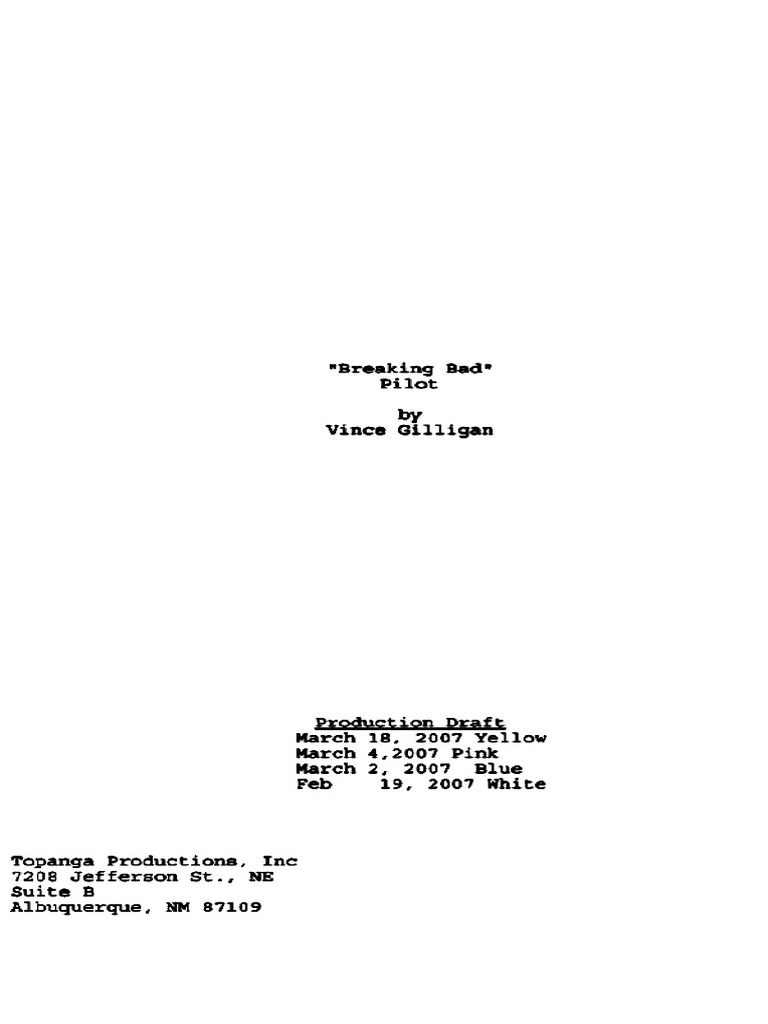 Breaking Bad 1x01 Pilot Script 2007 Draft Dig M | PDF