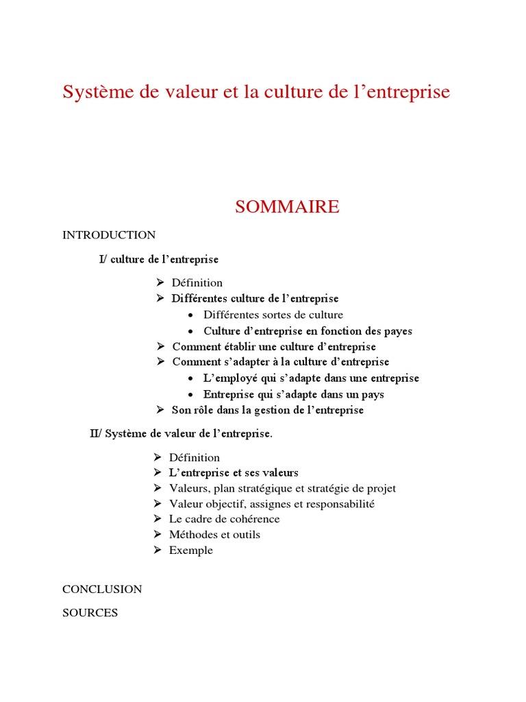 Culture D Entreprise Et Systeme De Valeur Pdf Culture D Entreprise Business