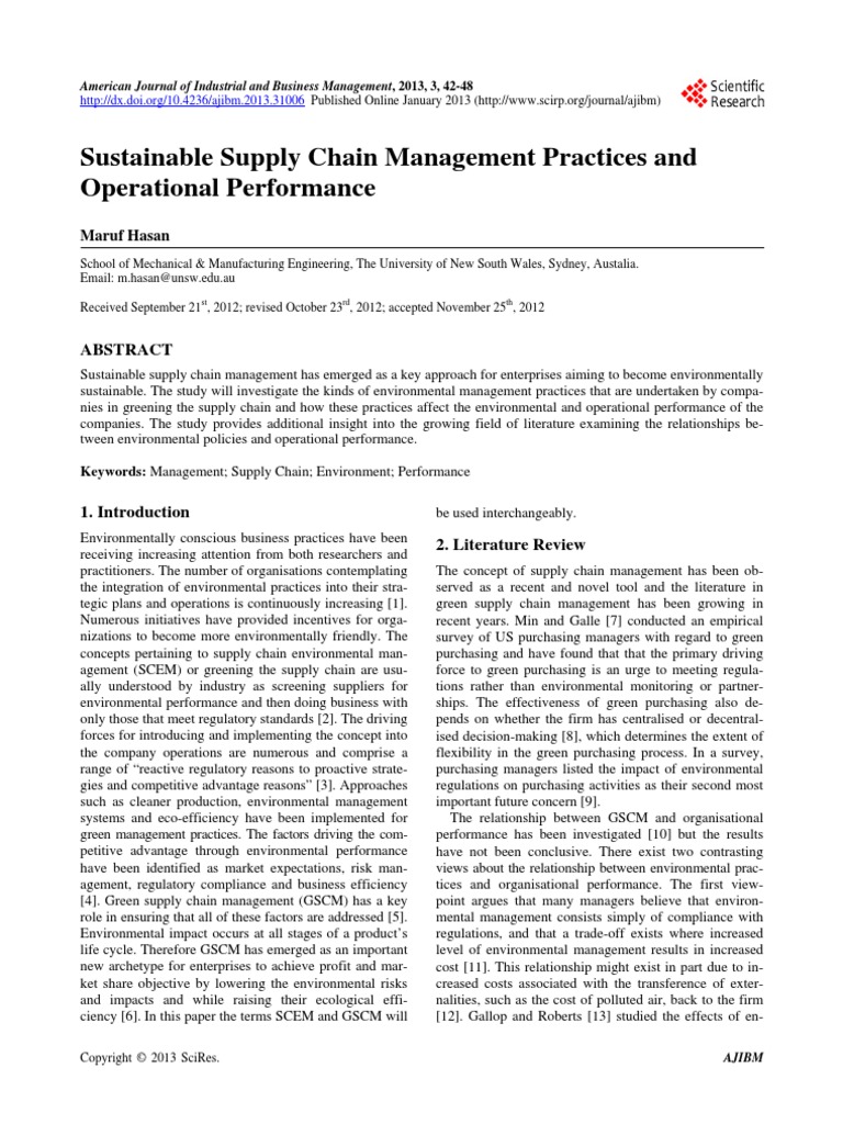 Sustainable Supply Chain Management Practices and Operational ...