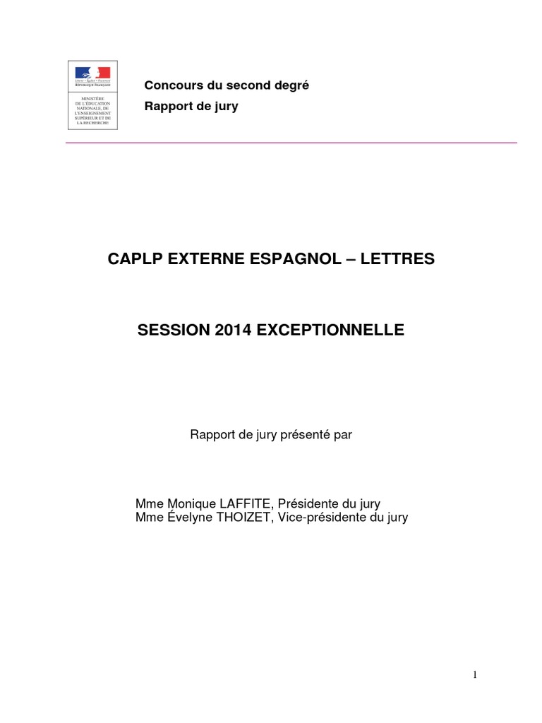 Rapport Du Jury Caplp Externe Espagnol-Lettres Session Exceptionnelle ...