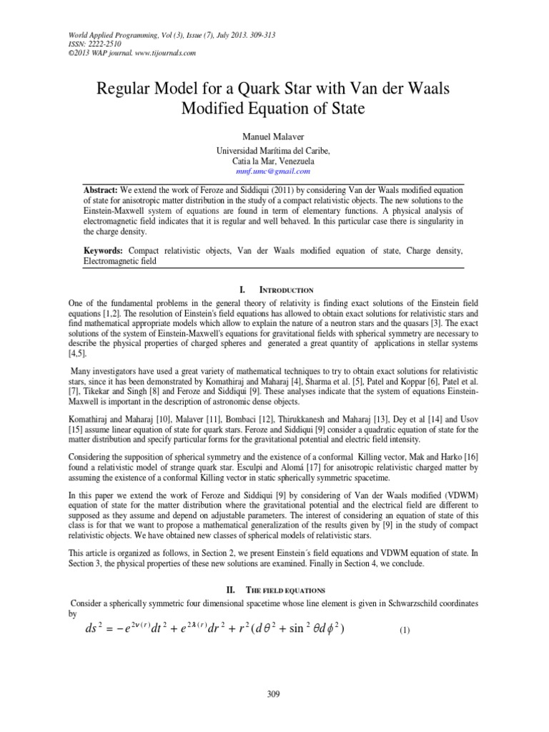 Regular Model For A Quark Star With Van Der Waals Modified Equation of ...