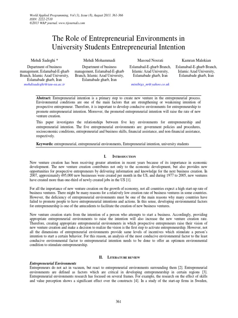 The Role of Entrepreneurial Environments in University Students ...