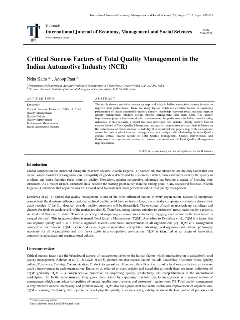 Critical Success Factors of Total Quality Management in The Indian ...