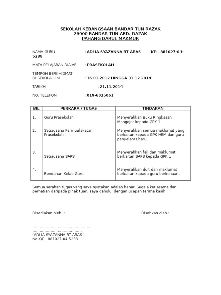 Nota Serah Tugas Guru Pdf