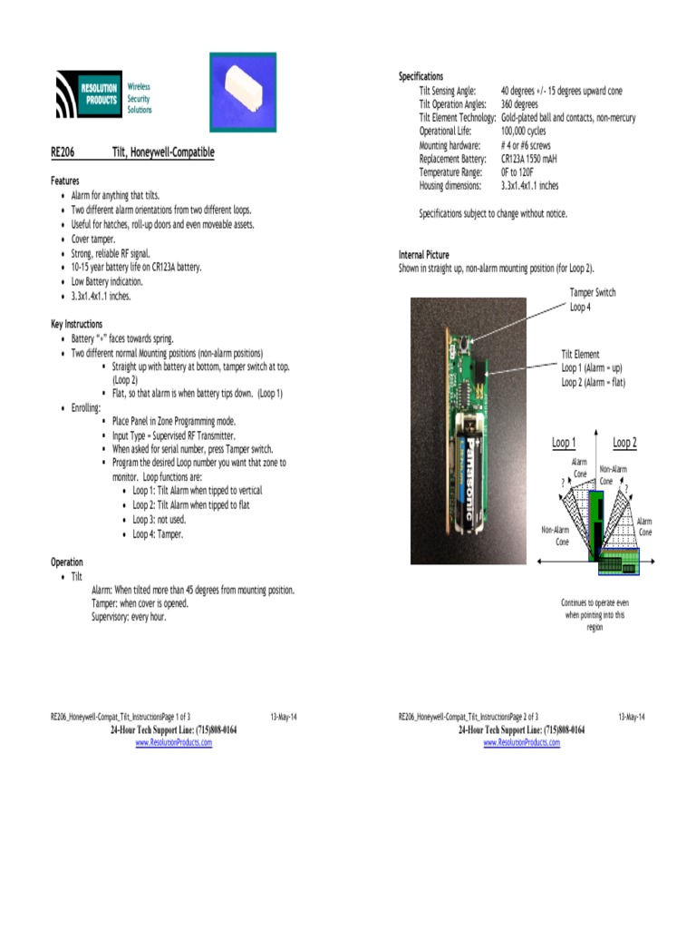 Resolution Products RE206 Tilt Sensor PDF Security Alarm Equipment