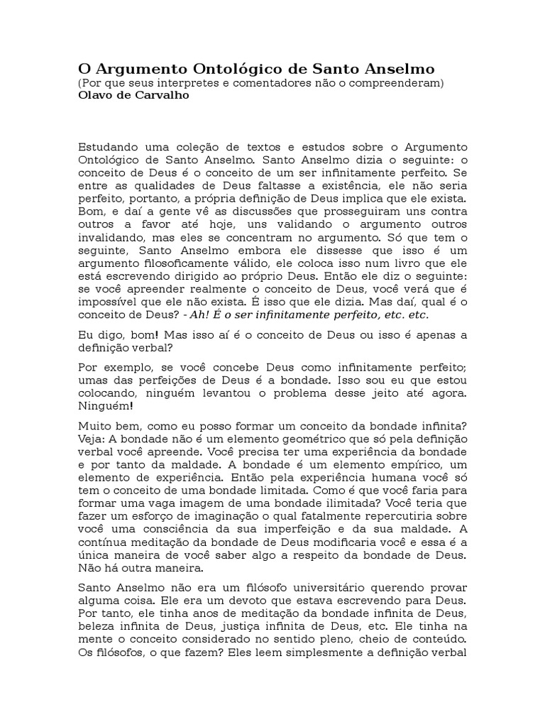 O Argumento Ontológico de Santo Anselmo Olavo de Carvalgo Deus Argumento
