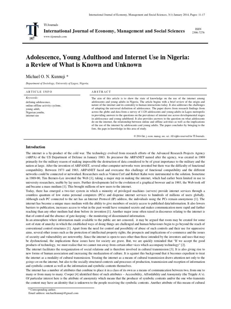 Adolescence, Young Adulthood and Internet Use in Nigeria: A Review of ...