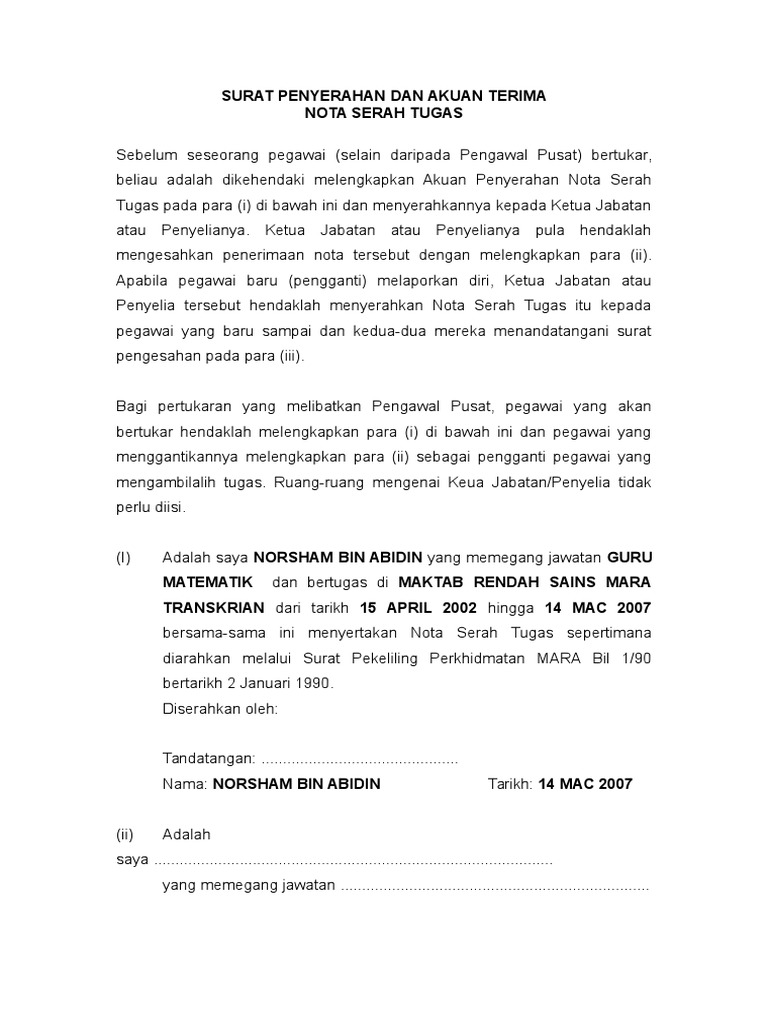 Contoh Nota Serah Tugas Perlu Diisi Untuk Guru Yang Berdah Keluar