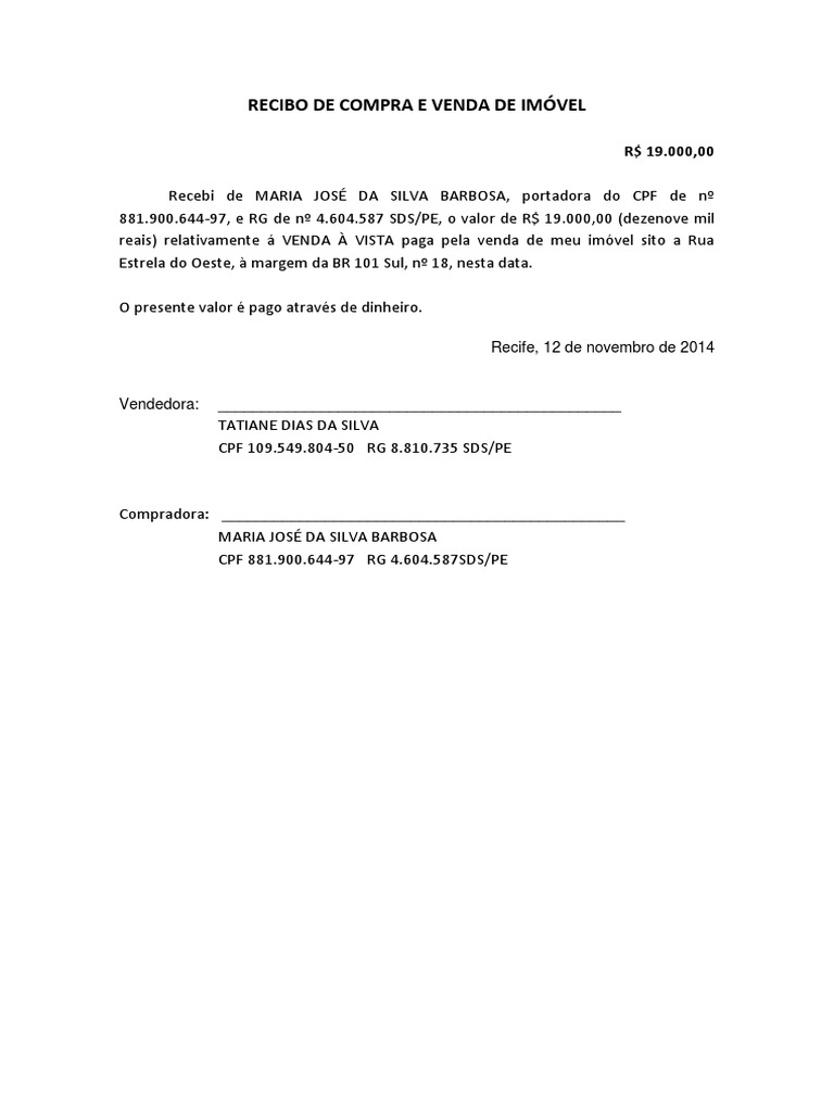 Recibo De Compra E Venda De Imóvel: Recife, 12 de novembro de 2014