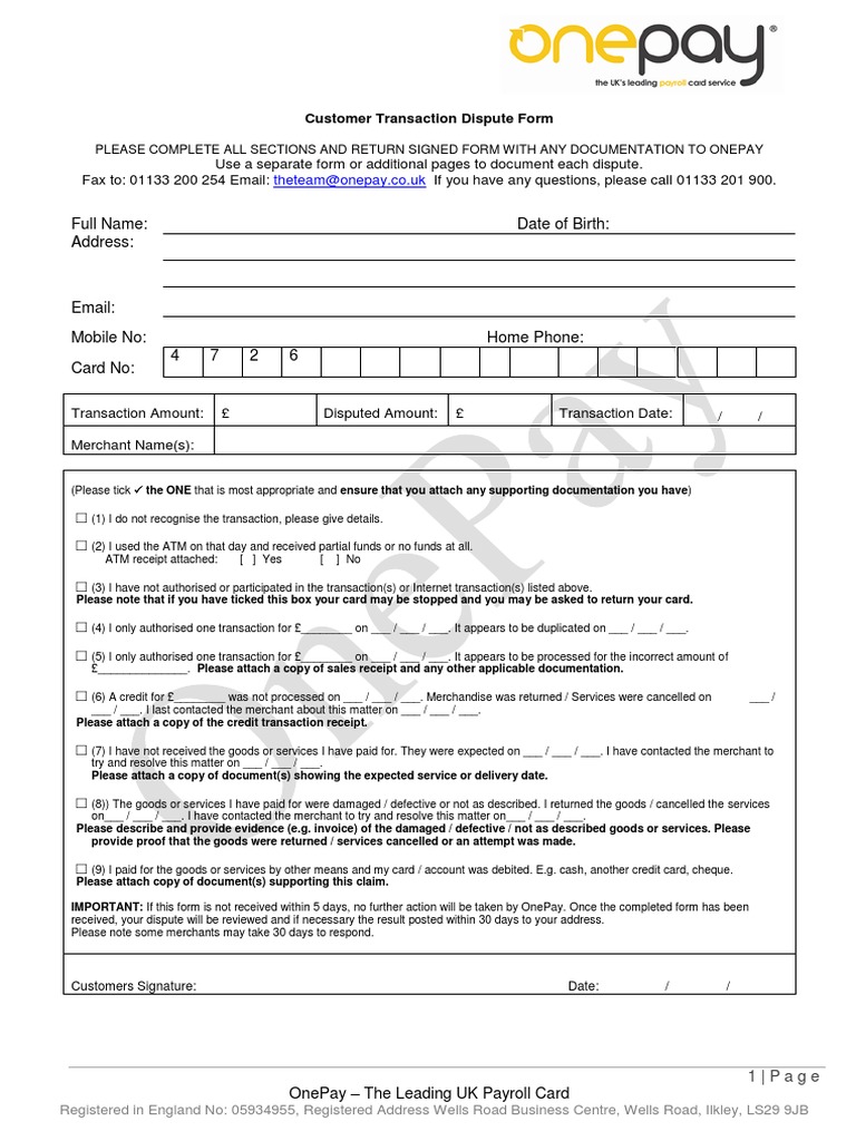 OnePay Customer Dispute Form | PDF | Financial Transaction | Automated ...