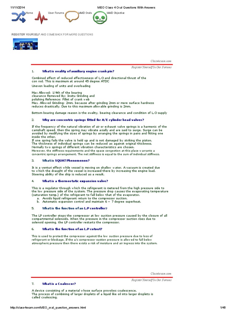 MEO Class 4 Oral Questions With Answers PDF Internal Combustion