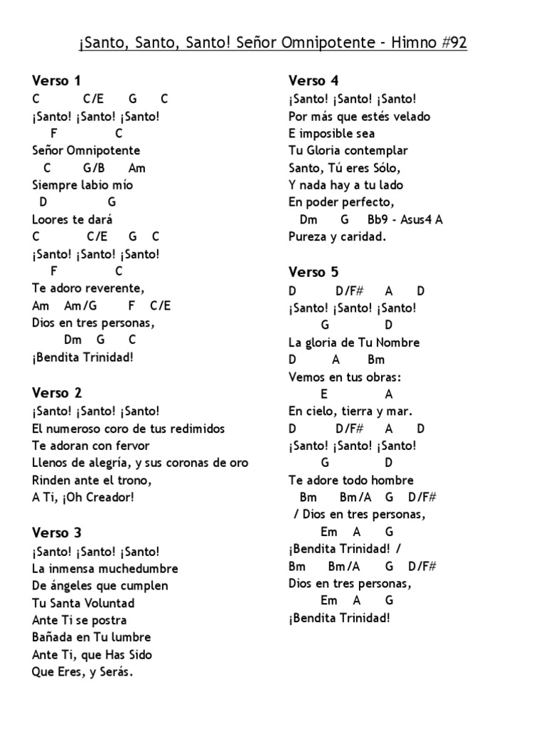 ¡Santo!, ¡Santo!, ¡Santo! Señor Omnipotente 92 en C Himnos cristianos ingleses Canciones