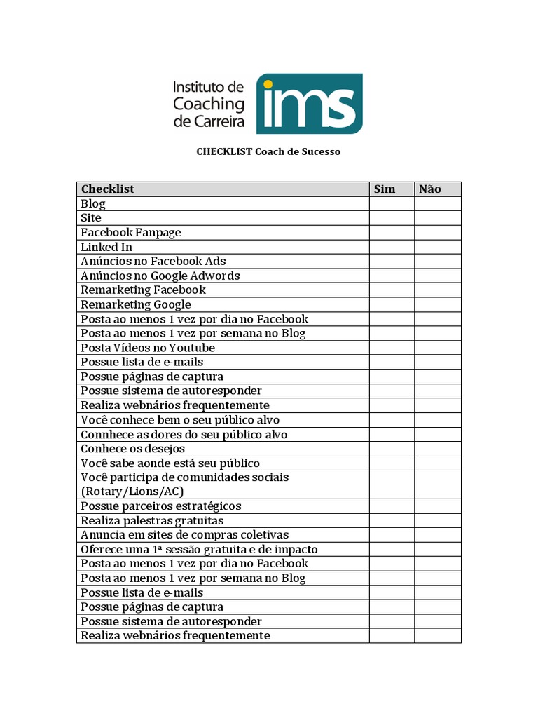 Checklist para Coach de Sucesso | PDF | Facebook | Internet