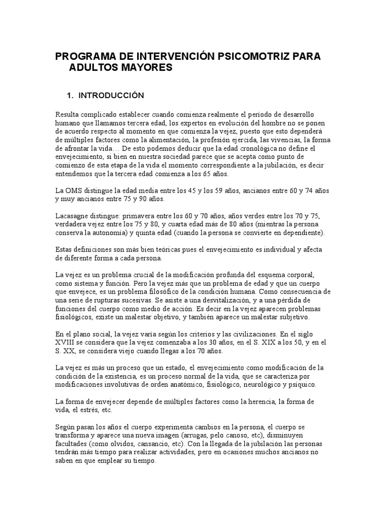 Programa de Intervención Psicomotriz para Adultos Mayores | PDF | Vejez ...
