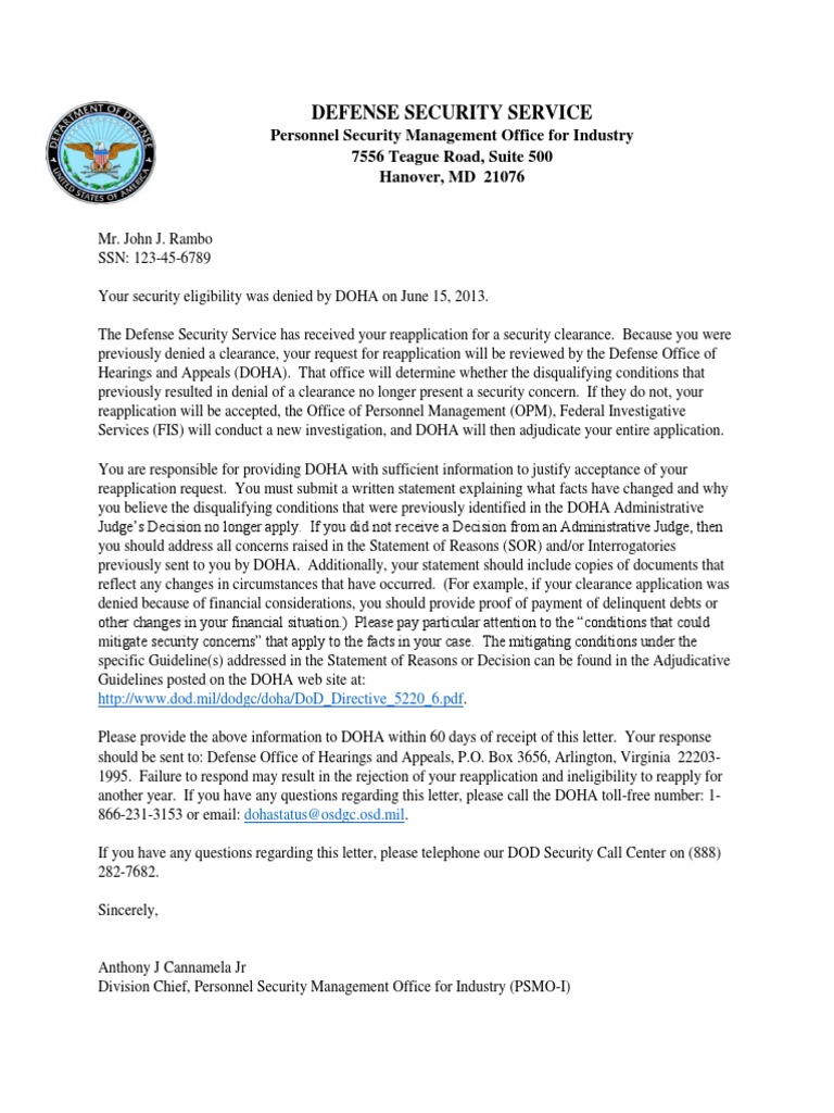 Personnel Security Management Office for IndustryPreviously Denied