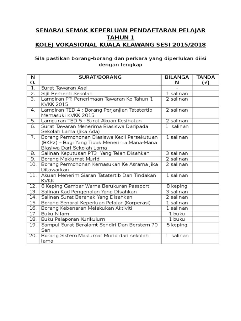 Senarai Semak Keperluan Pendaftaran Pelajar Tahun 1 Pdf