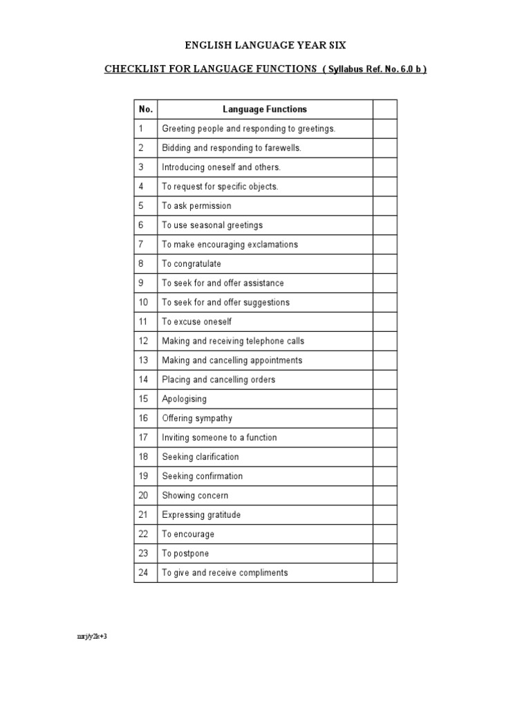 Year Six English Language Functions Checklist | PDF | Career & Growth