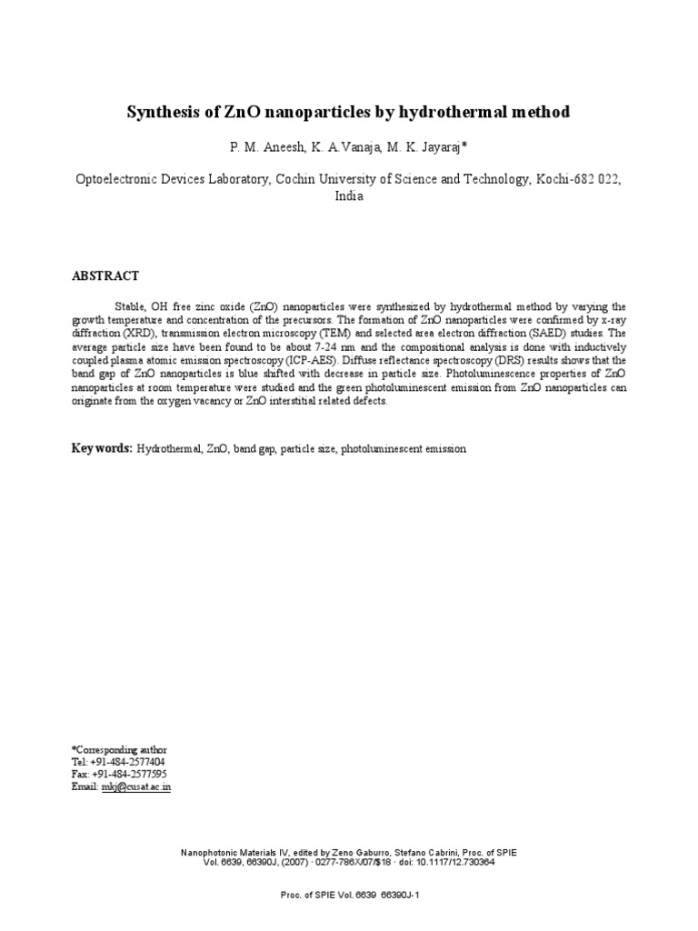 Synthesis of ZnO Nanoparticles by Hydrothermal Method | PDF | Zinc ...