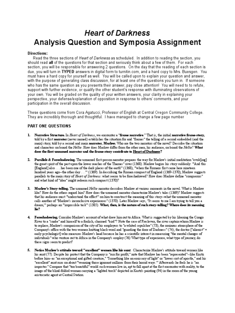 Hod Analysis Questions | PDF | Heart Of Darkness | Kurtz (Heart Of ...