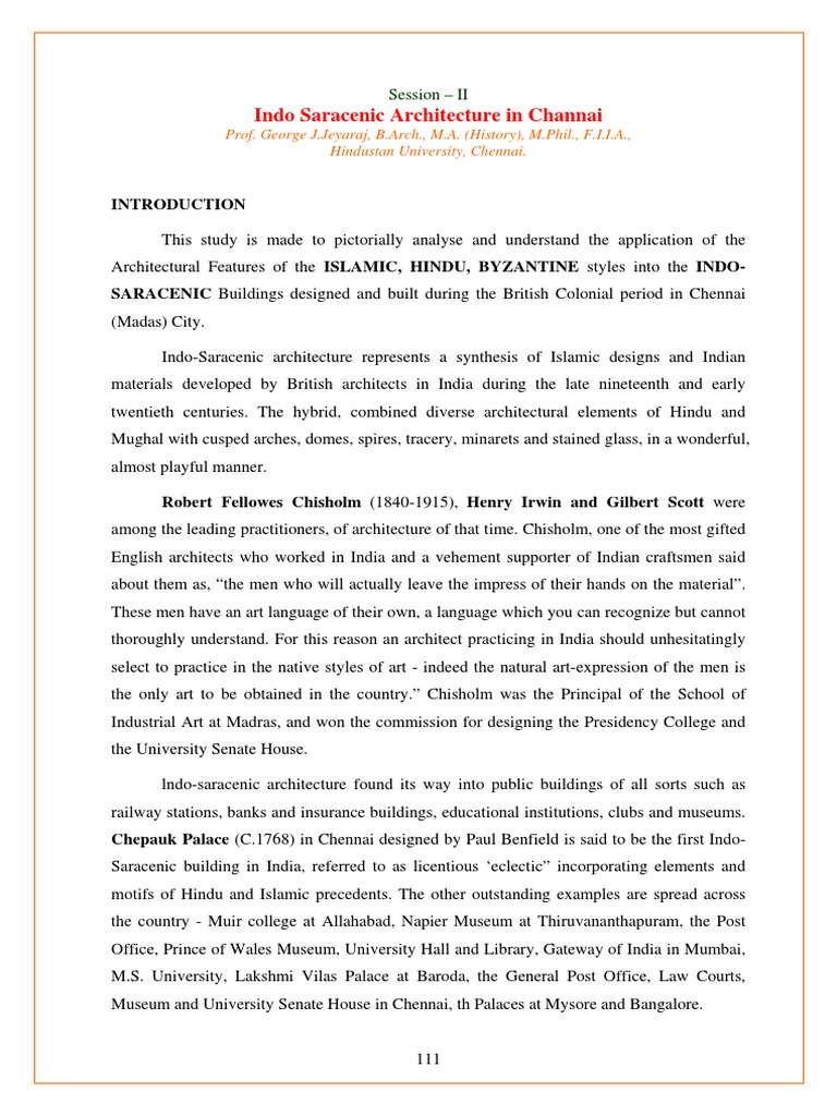 Indo Saracenic Architecture in Chennai PDF Architectural Styles