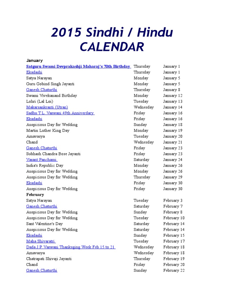 2015 Sindhi Calendar PDF Hindu Behaviour And Experience Hindu Worship