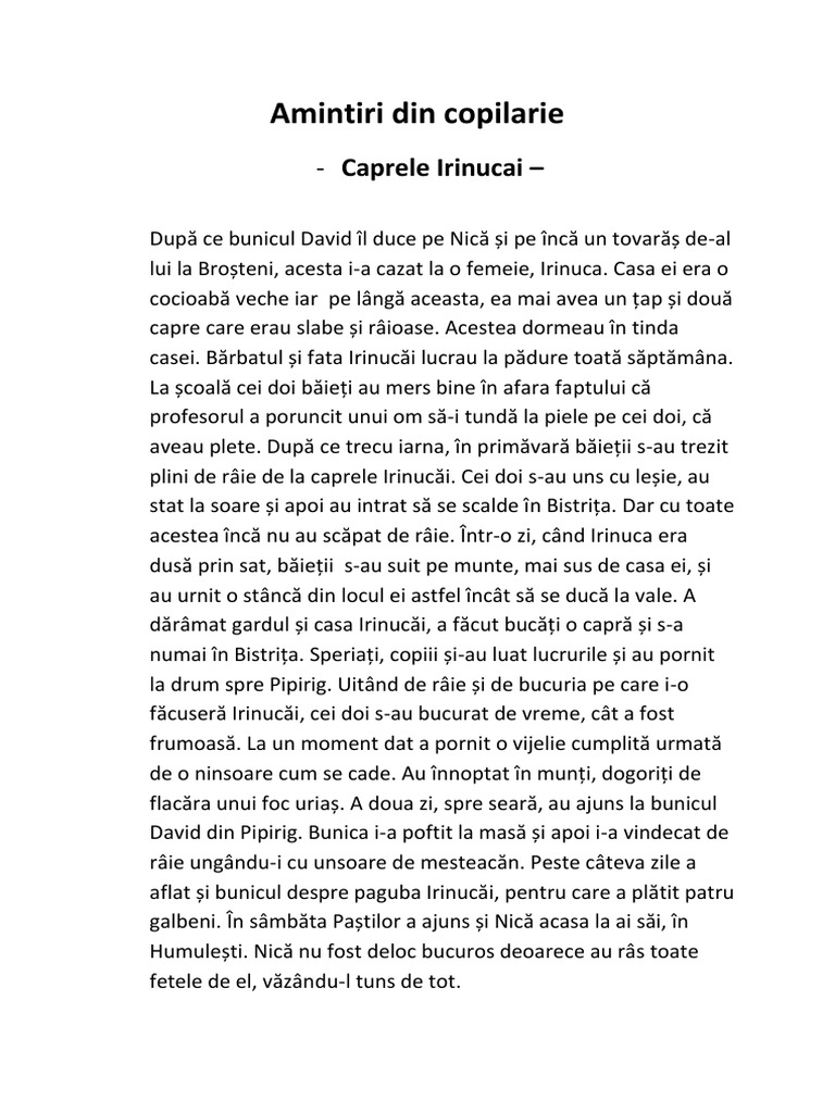 Caprele Irinucai Rezumat Amintiri Din Copilarie Rezumat | PDF
