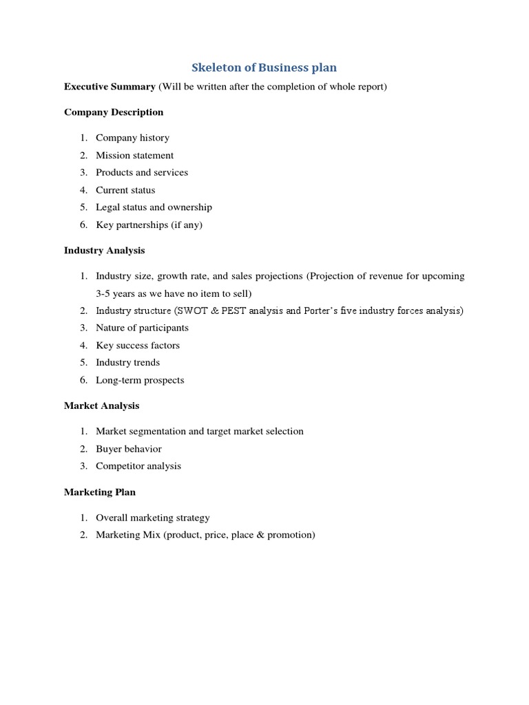 Skeleton business plan template picture