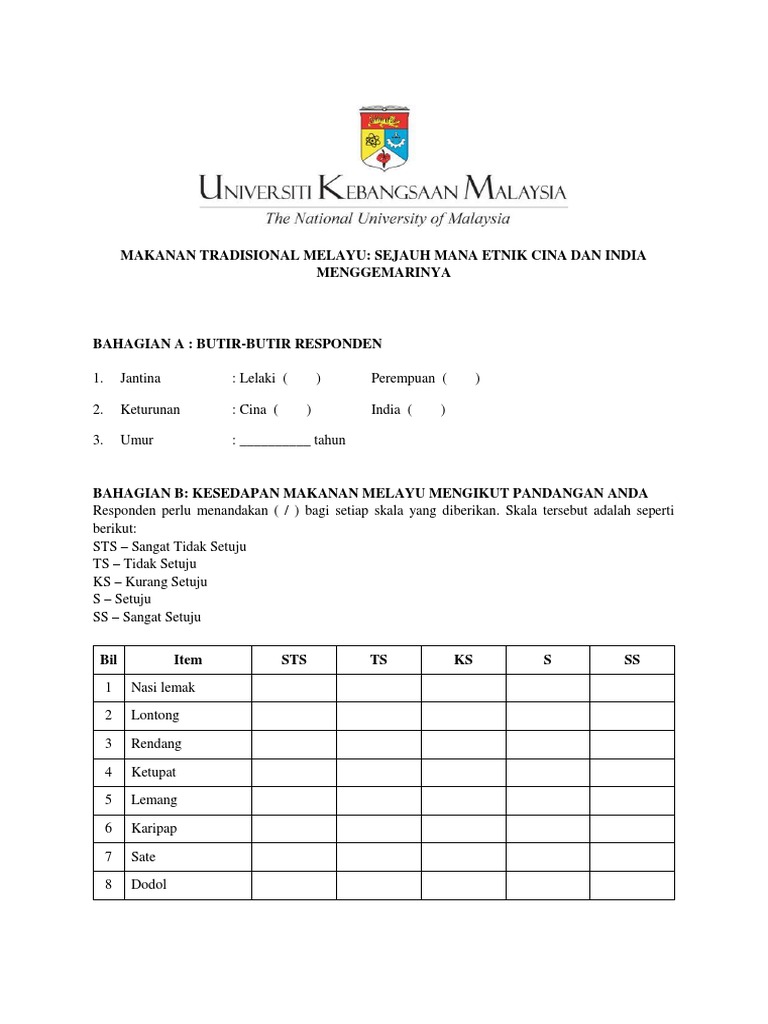 Borang Soal Selidik Makanan Tradisional Melayu